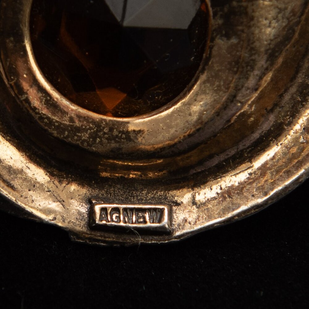 Agnew French Horn Crown Pendant Pin Amber Faced Stone Vintage Bronze - Picture 3 of 7